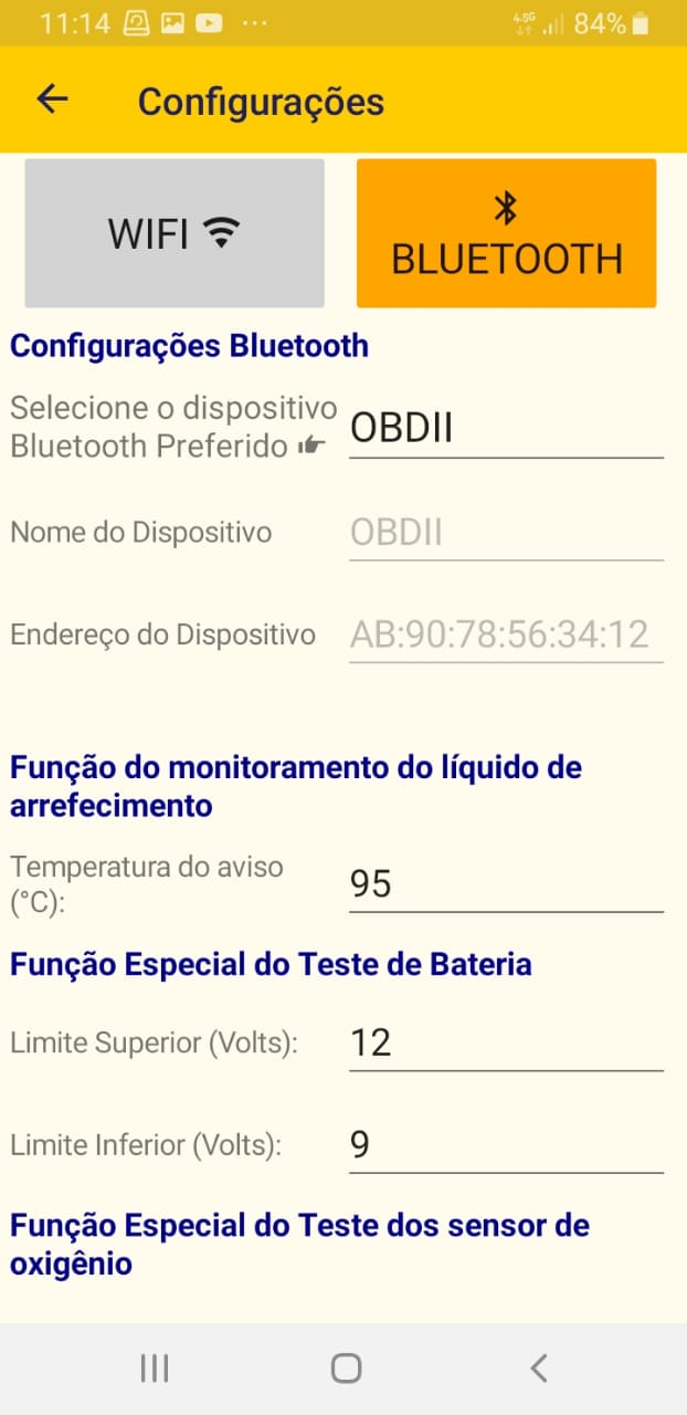 Tela configurações adaptador bluetooth