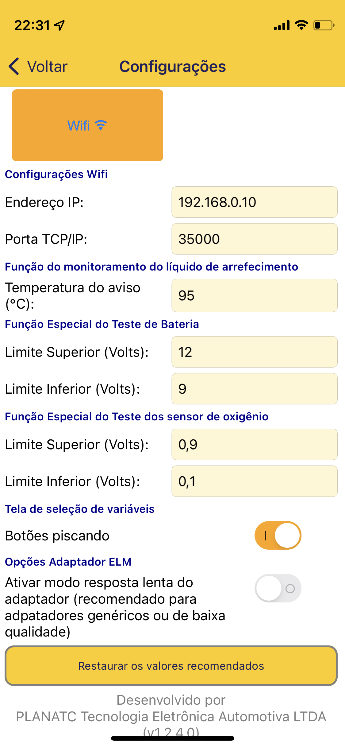 Tela configurações adaptador wifi